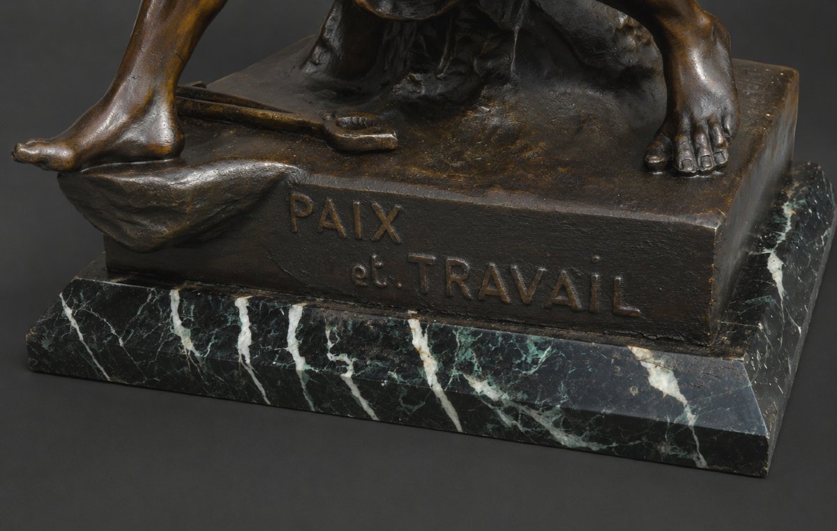 Emile Louis Picault , Sculpture Allégorique , Homme Torse Nu , Patine Bronze , Paix & Travail-photo-2