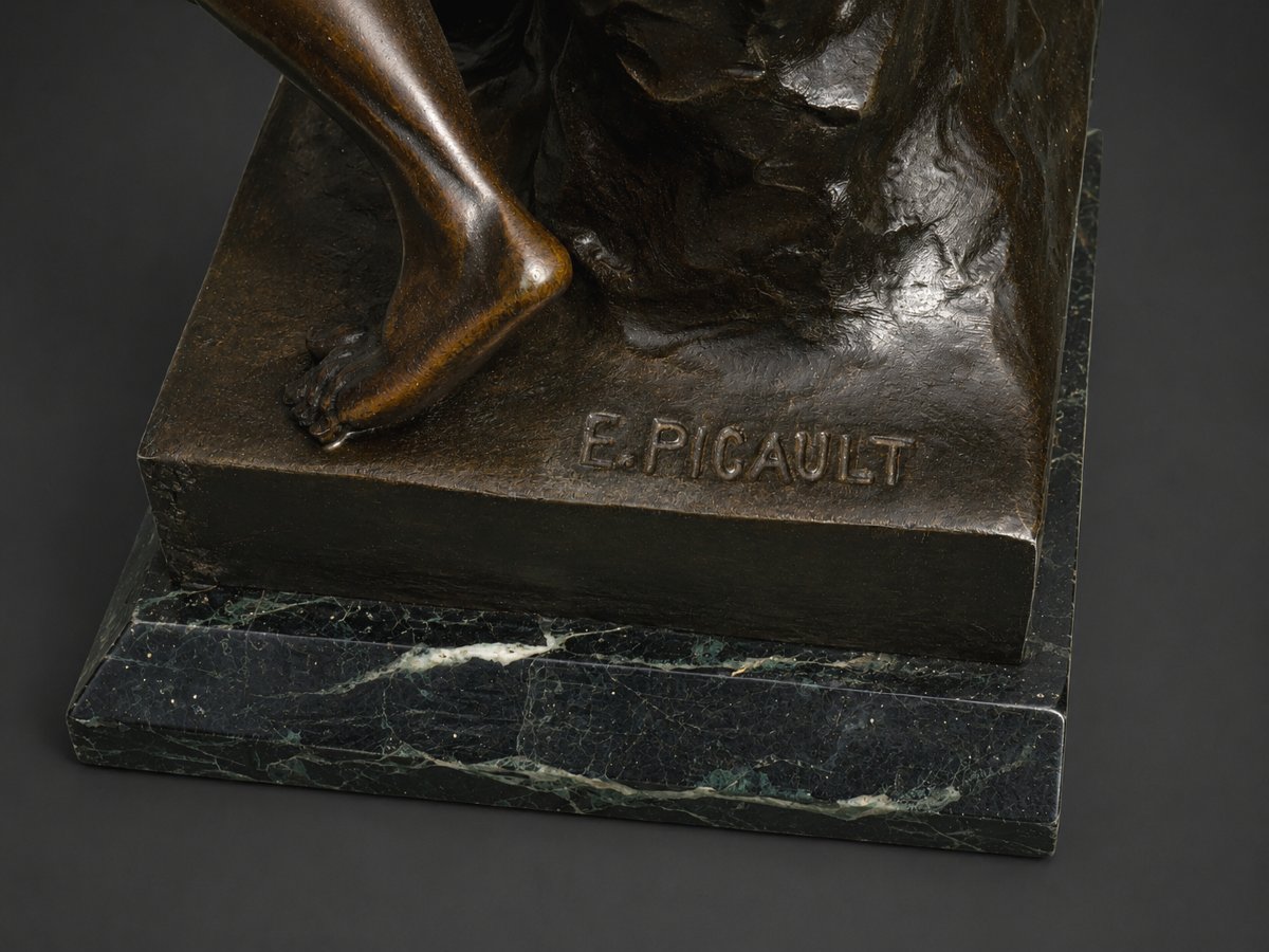 Emile Louis Picault , Sculpture Allégorique , Homme Torse Nu , Patine Bronze , Paix & Travail-photo-3