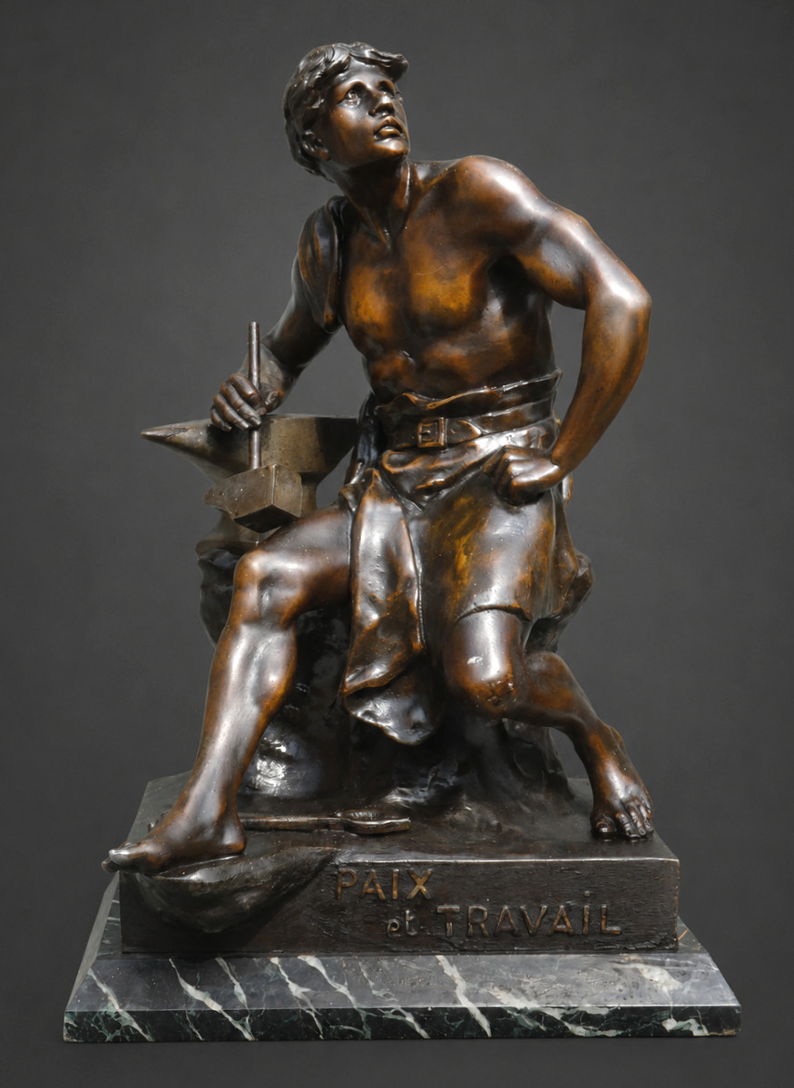 Emile Louis Picault , Sculpture Allégorique , Homme Torse Nu , Patine Bronze , Paix & Travail