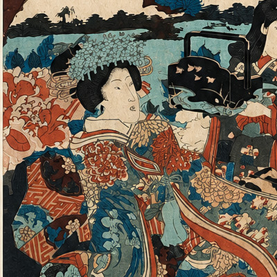 Japanese Ukiyo-e Print - Two Elegant Ladies Out For A Stroll - Edo / Meiji Period 19th Century-photo-4