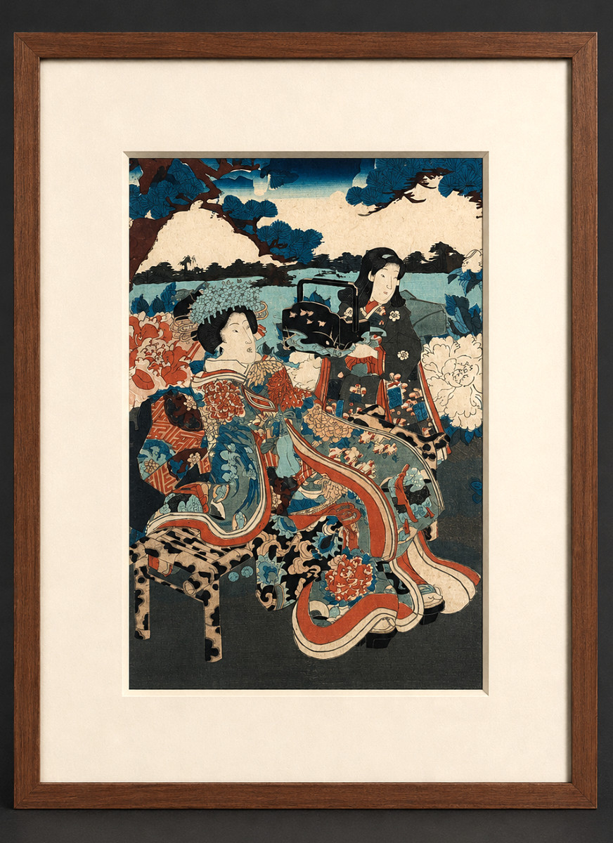 Japanese Ukiyo-e Print - Two Elegant Ladies Out For A Stroll - Edo / Meiji Period 19th Century