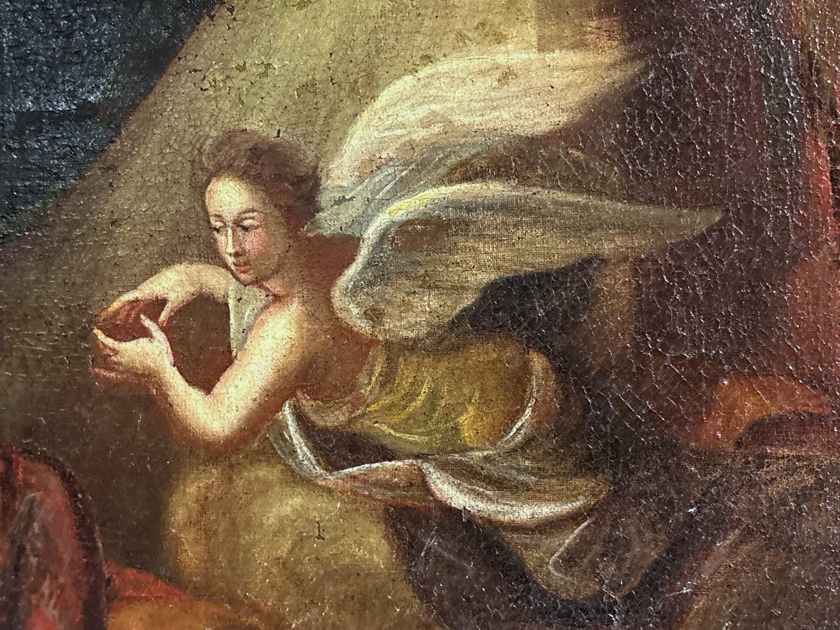 Scene Religieuse , Huile Sur Toile XVIIIe , Elie Nourri Par Un Ange Dans Le Désert , Baroque-photo-3