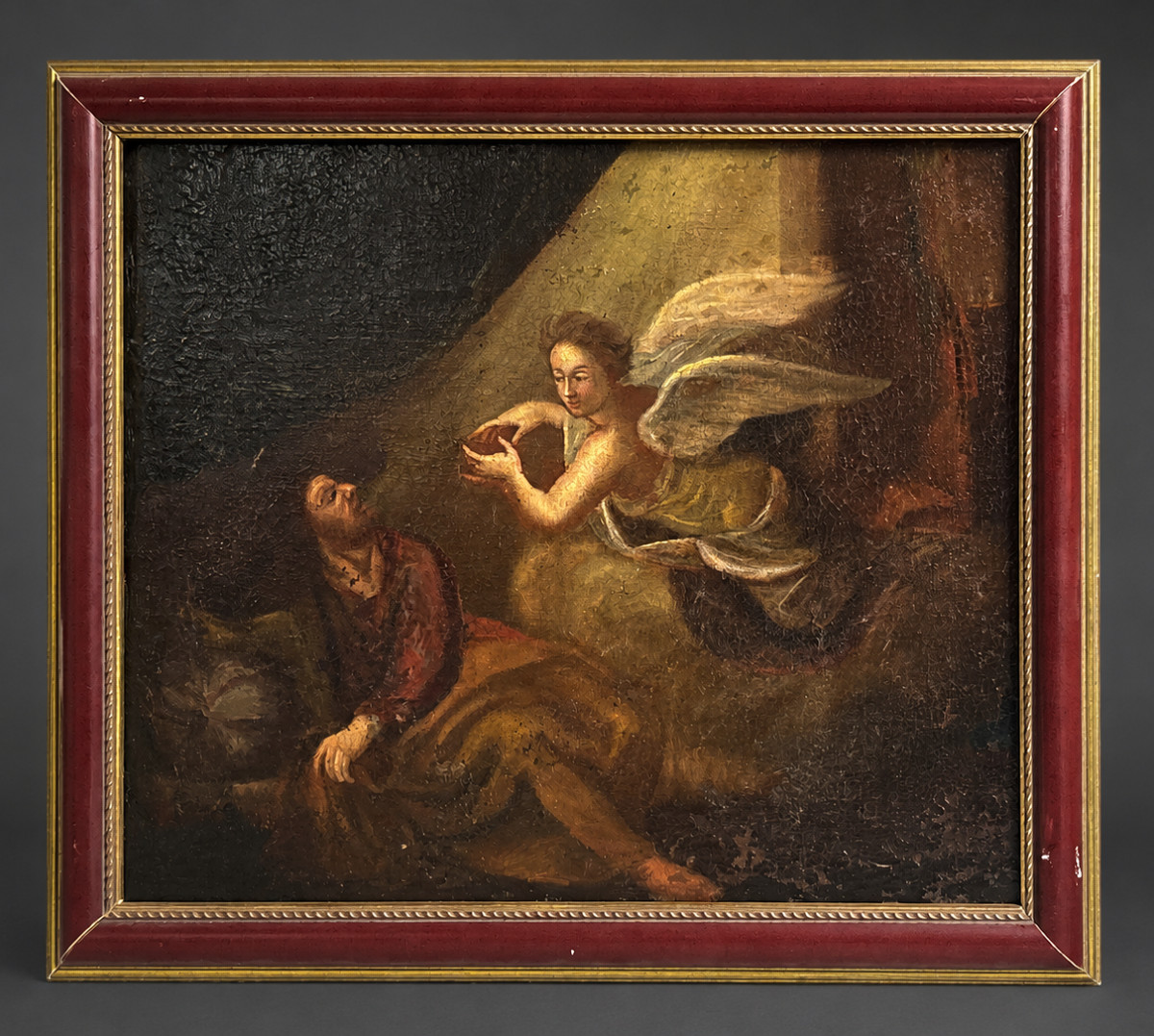 Scene Religieuse , Huile Sur Toile XVIIIe , Elie Nourri Par Un Ange Dans Le Désert , Baroque