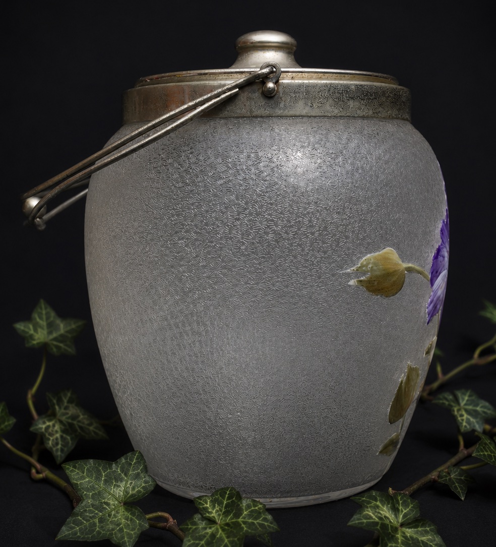 Seau à Biscuits Époque Art Nouveau , Verre Émaillé Legras Dégagé à L’acide Campanule-photo-3