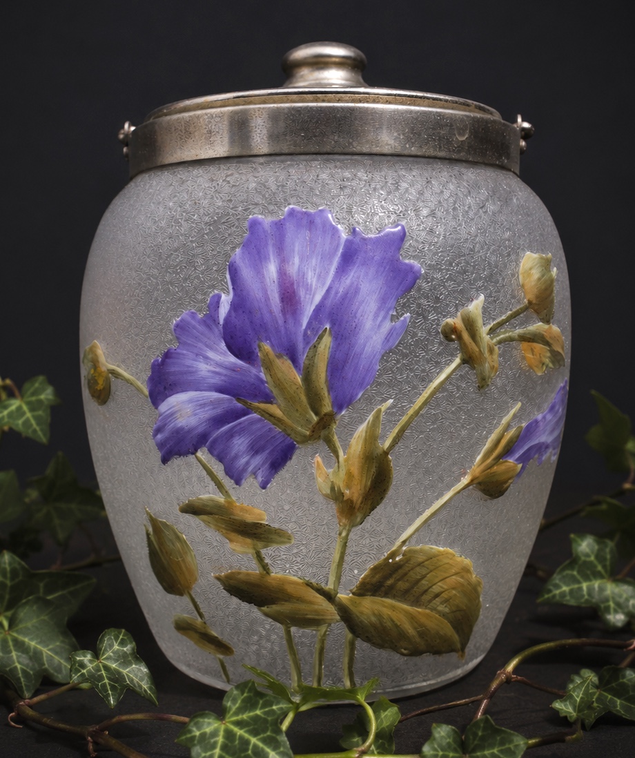 Seau à Biscuits Époque Art Nouveau , Verre Émaillé Legras Dégagé à L’acide Campanule