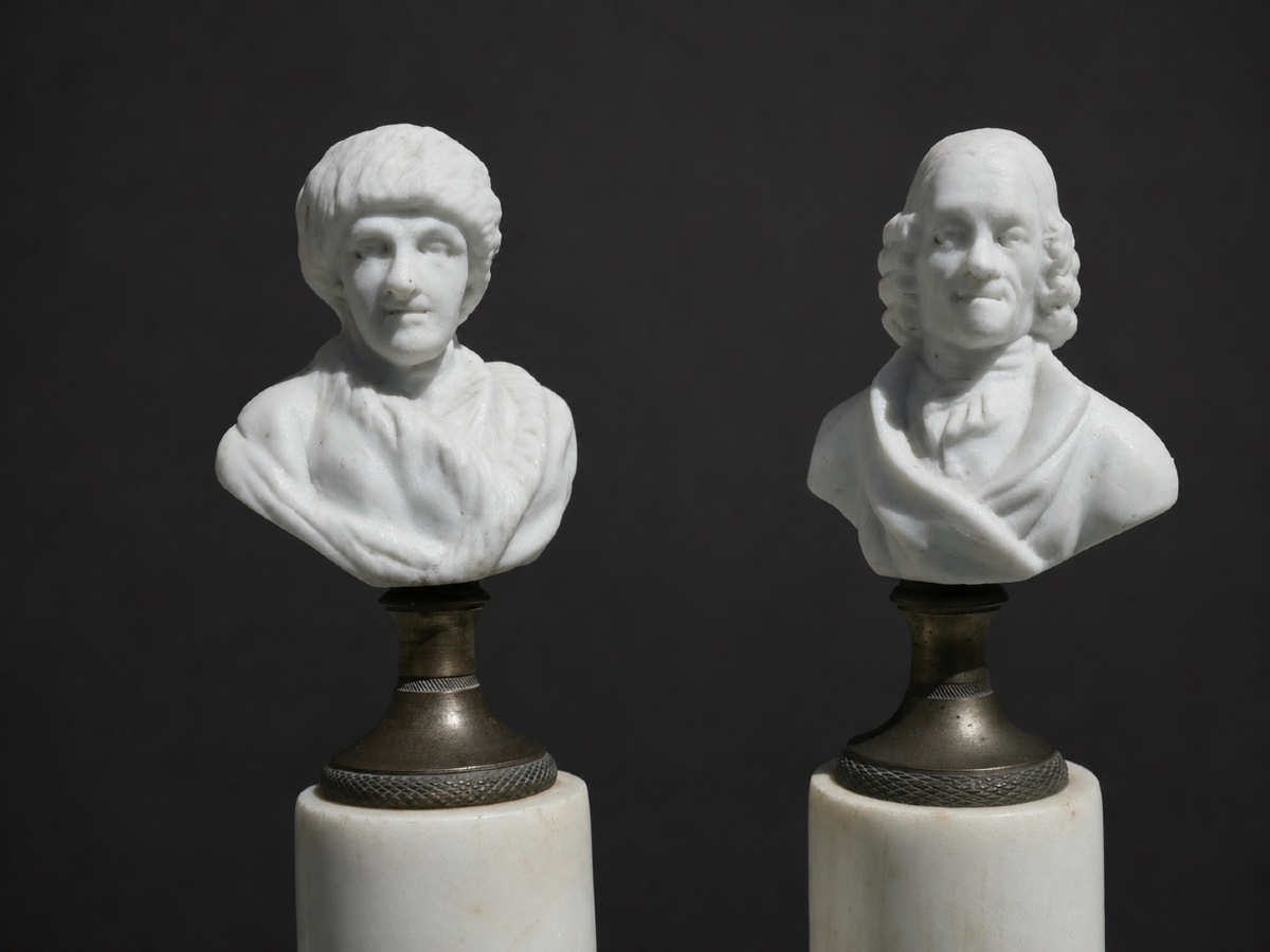 Pair Of Biscuit & Marble Busts , Voltaire & Jean Jacques Rousseau 1800 , Philosopher 18th Century-photo-3