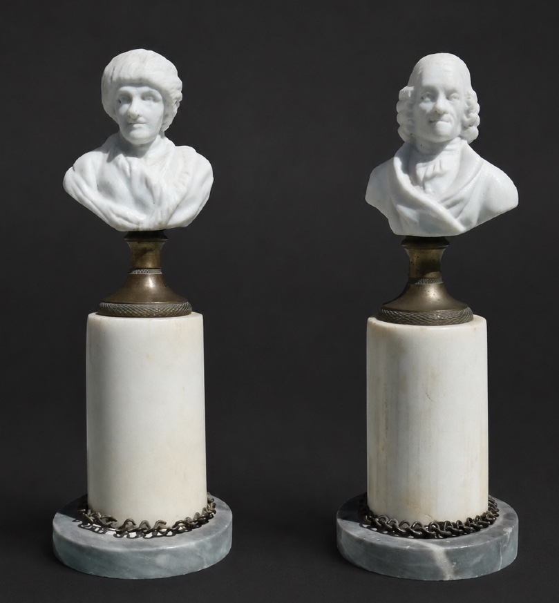 Pair Of Biscuit & Marble Busts , Voltaire & Jean Jacques Rousseau 1800 , Philosopher 18th Century-photo-2