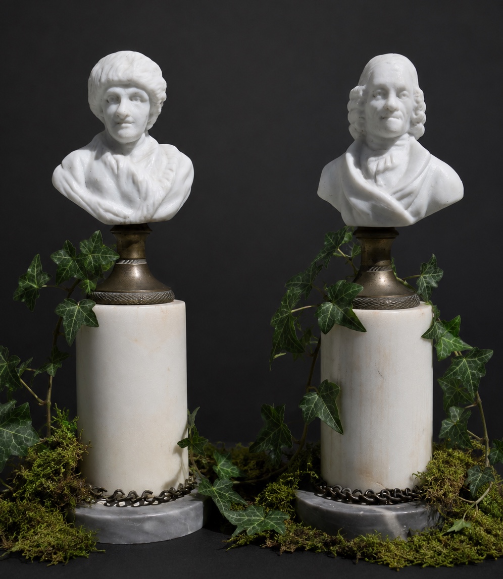 Pair Of Biscuit & Marble Busts , Voltaire & Jean Jacques Rousseau 1800 , Philosopher 18th Century