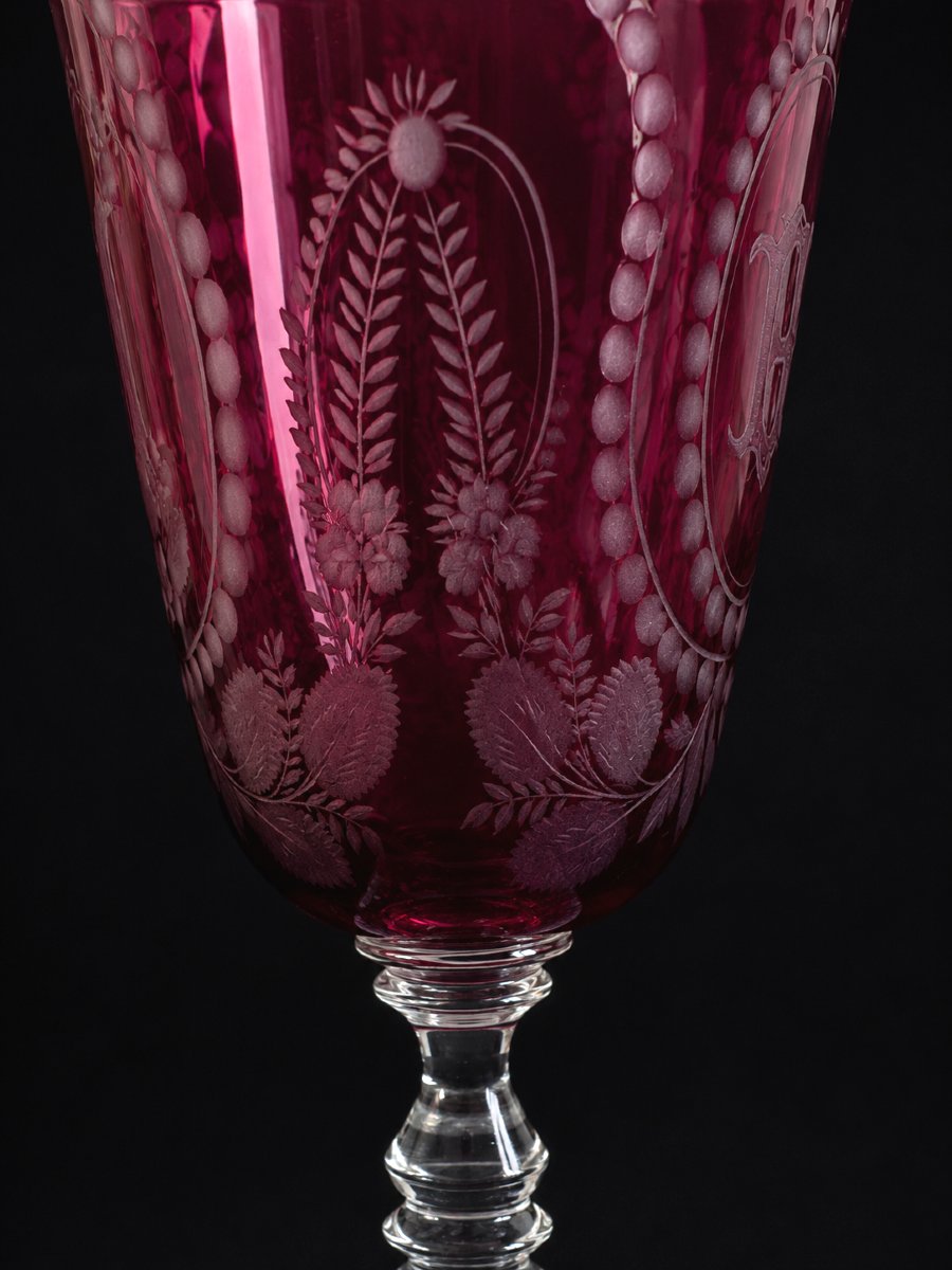 Large Chalice , 19th Century Wedding Glass , Garnet Red , Engraved Flower Design , Napoleon III-photo-2