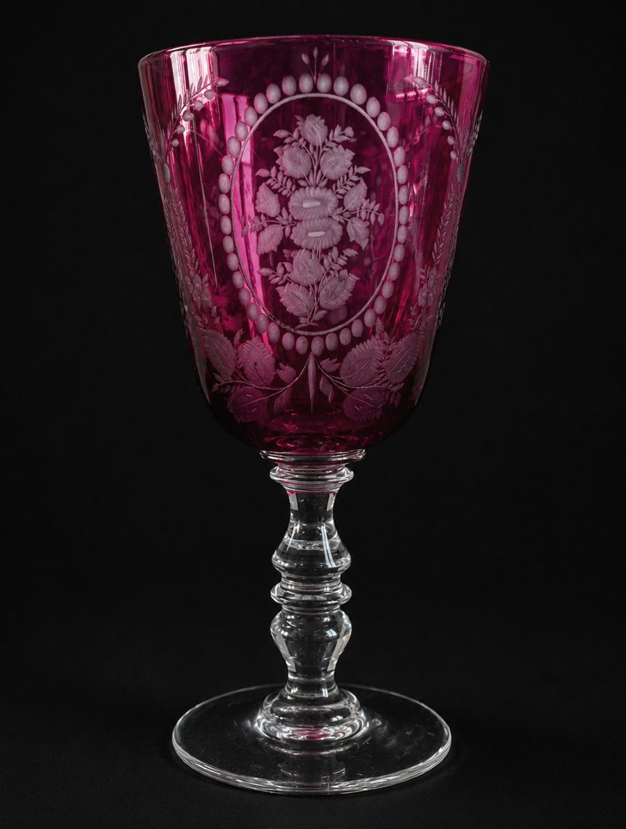 Large Chalice , 19th Century Wedding Glass , Garnet Red , Engraved Flower Design , Napoleon III-photo-3