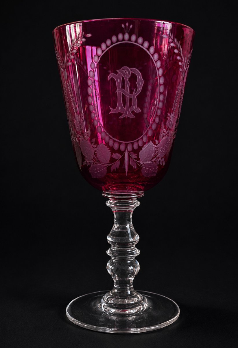 Large Chalice , 19th Century Wedding Glass , Garnet Red , Engraved Flower Design , Napoleon III-photo-4