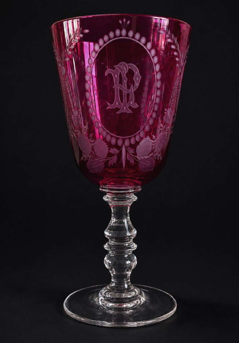 Large Chalice , 19th Century Wedding Glass , Garnet Red , Engraved Flower Design , Napoleon III-photo-1
