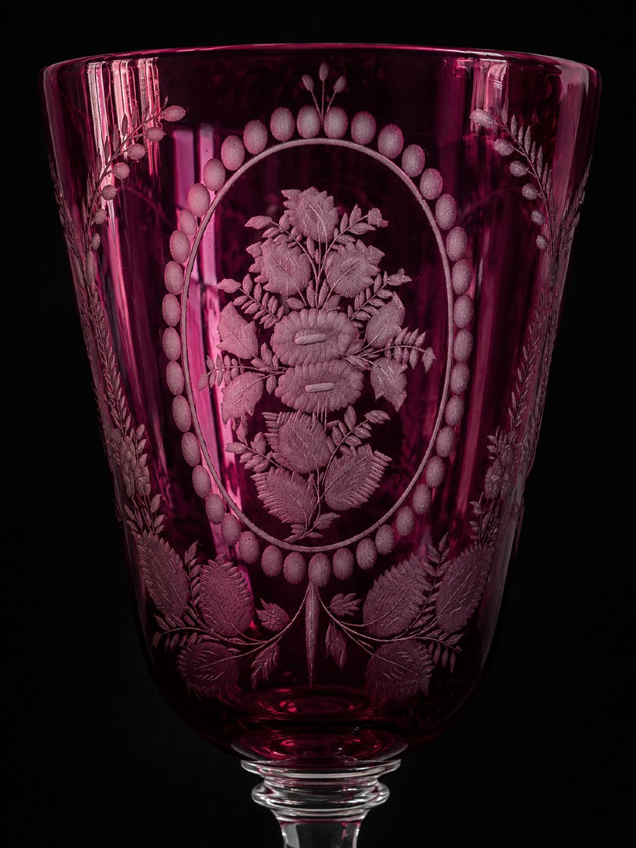 Large Chalice , 19th Century Wedding Glass , Garnet Red , Engraved Flower Design , Napoleon III-photo-2