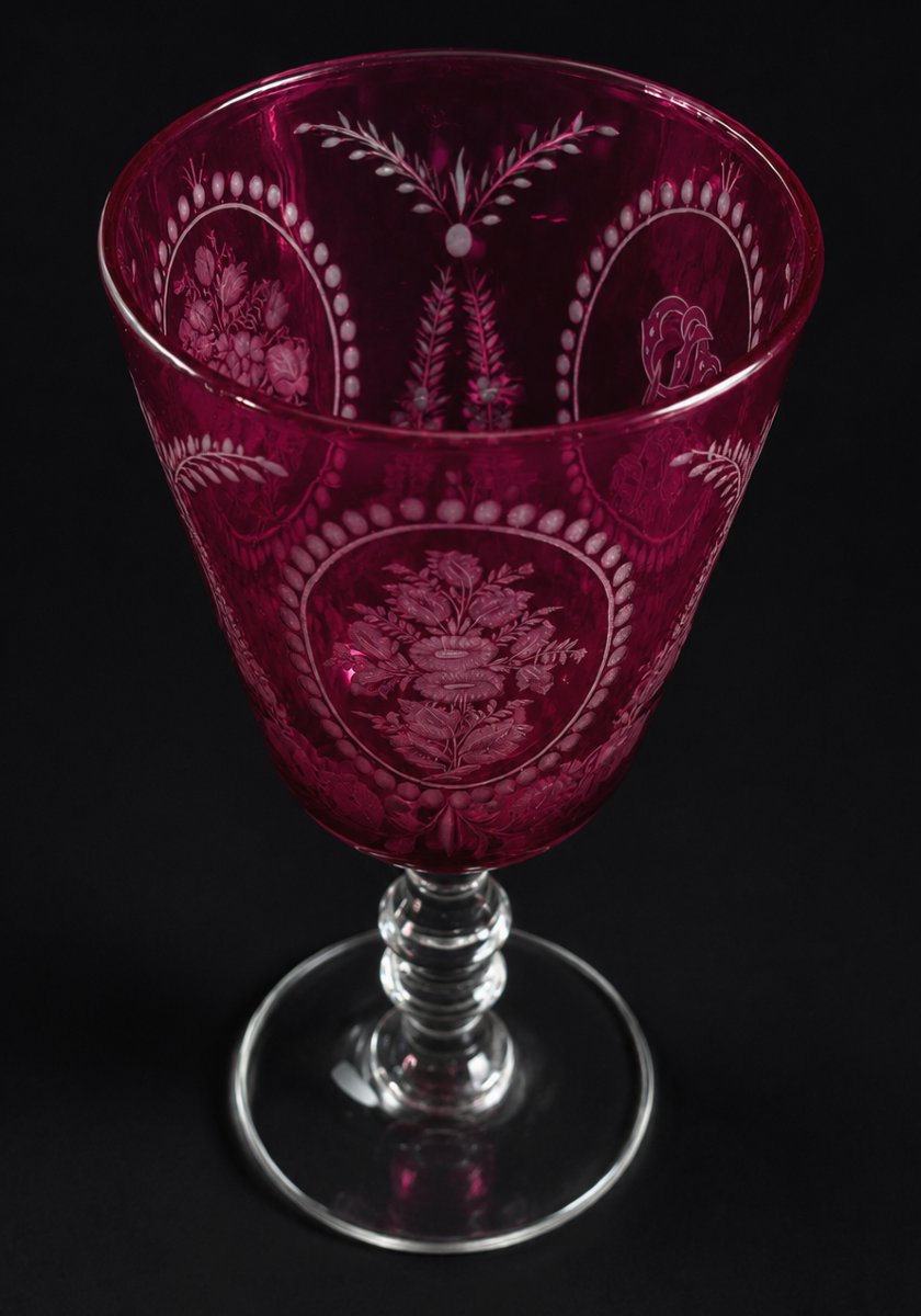 Large Chalice , 19th Century Wedding Glass , Garnet Red , Engraved Flower Design , Napoleon III-photo-3