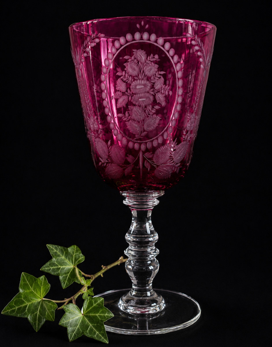 Large Chalice , 19th Century Wedding Glass , Garnet Red , Engraved Flower Design , Napoleon III