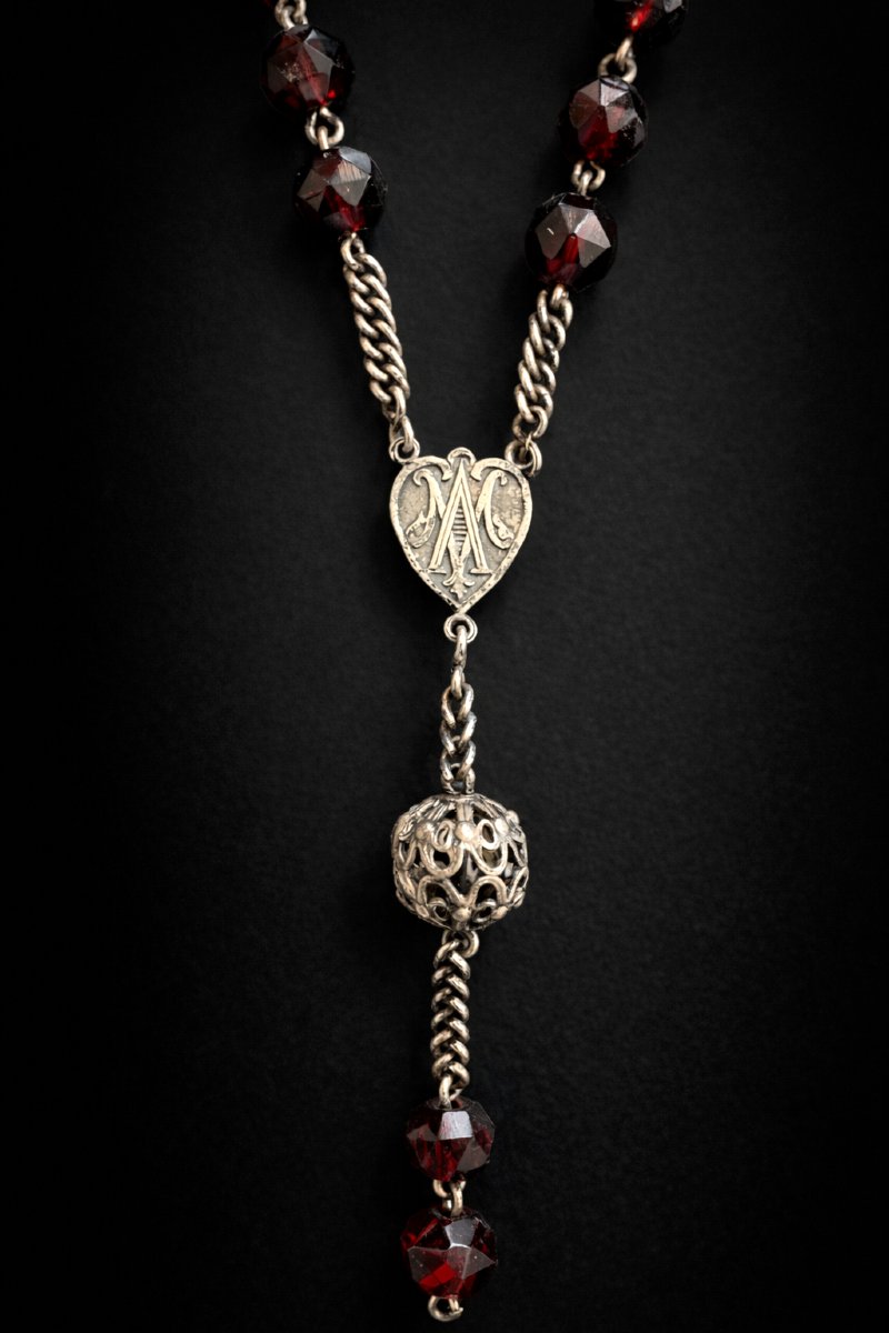 Grand Chapelet En Argent Massif & Cabochons Grenat Peinture Sur Velin , Vierge à L'Enfant XIXe-photo-2