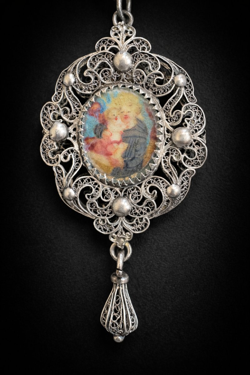 Grand Chapelet En Argent Massif & Cabochons Grenat Peinture Sur Velin , Vierge à L'Enfant XIXe-photo-3