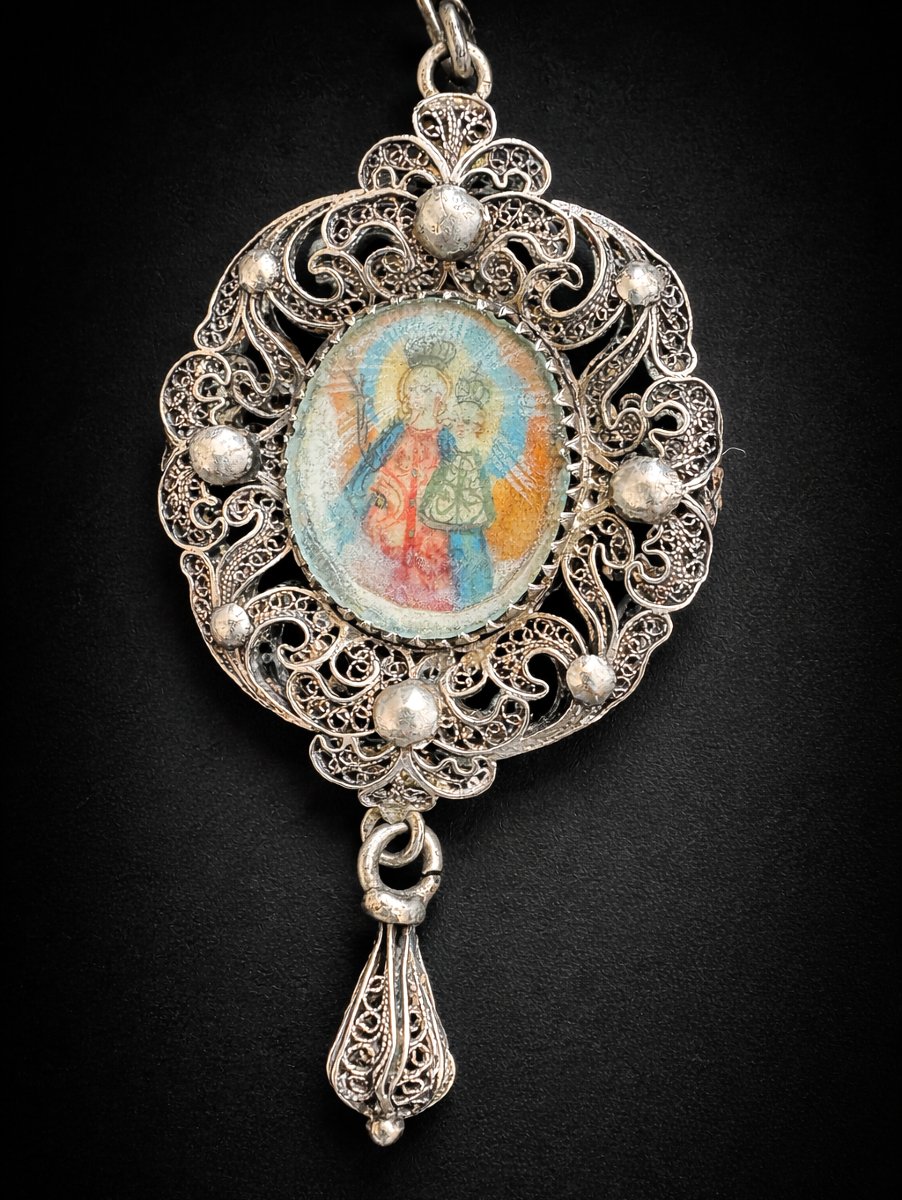 Grand Chapelet En Argent Massif & Cabochons Grenat Peinture Sur Velin , Vierge à L'Enfant XIXe-photo-4