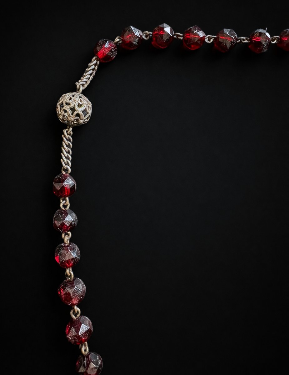 Grand Chapelet En Argent Massif & Cabochons Grenat Peinture Sur Velin , Vierge à L'Enfant XIXe-photo-1