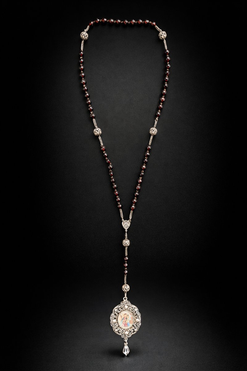 Grand Chapelet En Argent Massif & Cabochons Grenat Peinture Sur Velin , Vierge à L'Enfant XIXe-photo-2
