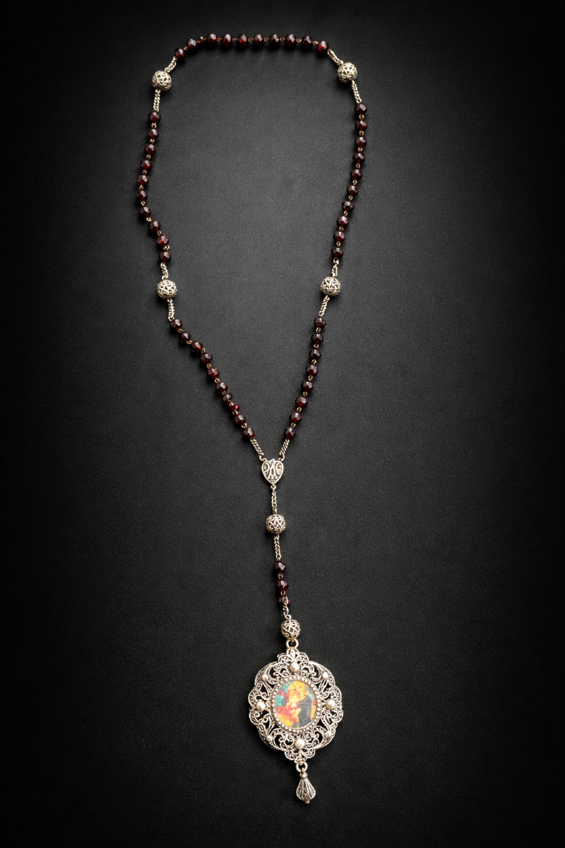 Grand Chapelet En Argent Massif & Cabochons Grenat Peinture Sur Velin , Vierge à L'Enfant XIXe
