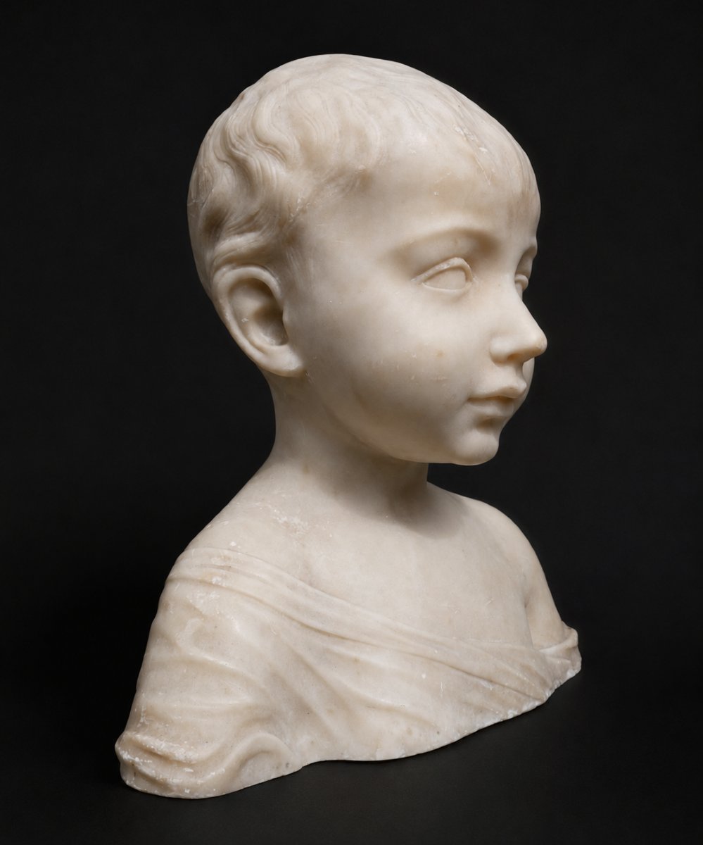 Buste d’Enfant En Albâtre D’après Desiderio Da Settignano – Style Renaissance Italienne XIXe-photo-2