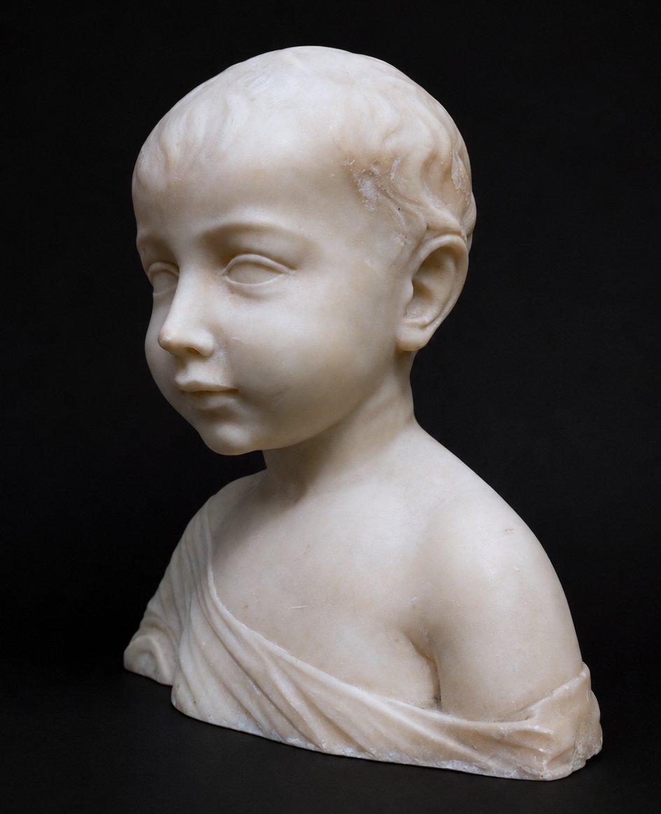 Buste d’Enfant En Albâtre D’après Desiderio Da Settignano – Style Renaissance Italienne XIXe-photo-3