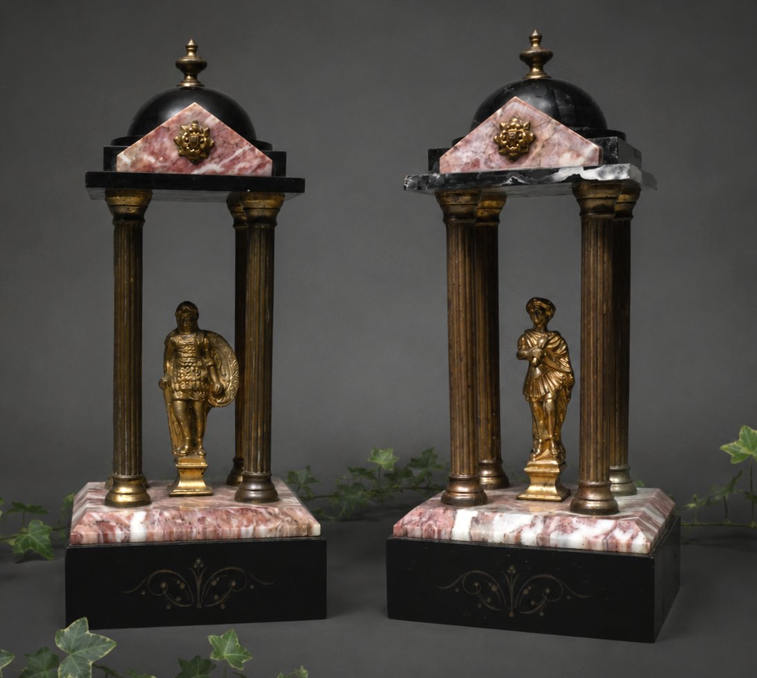 Paire De Temples Antique / Cassolettes Marble & Gilt Bronze, Cesar & Vercingetorix Grand Tour-photo-2
