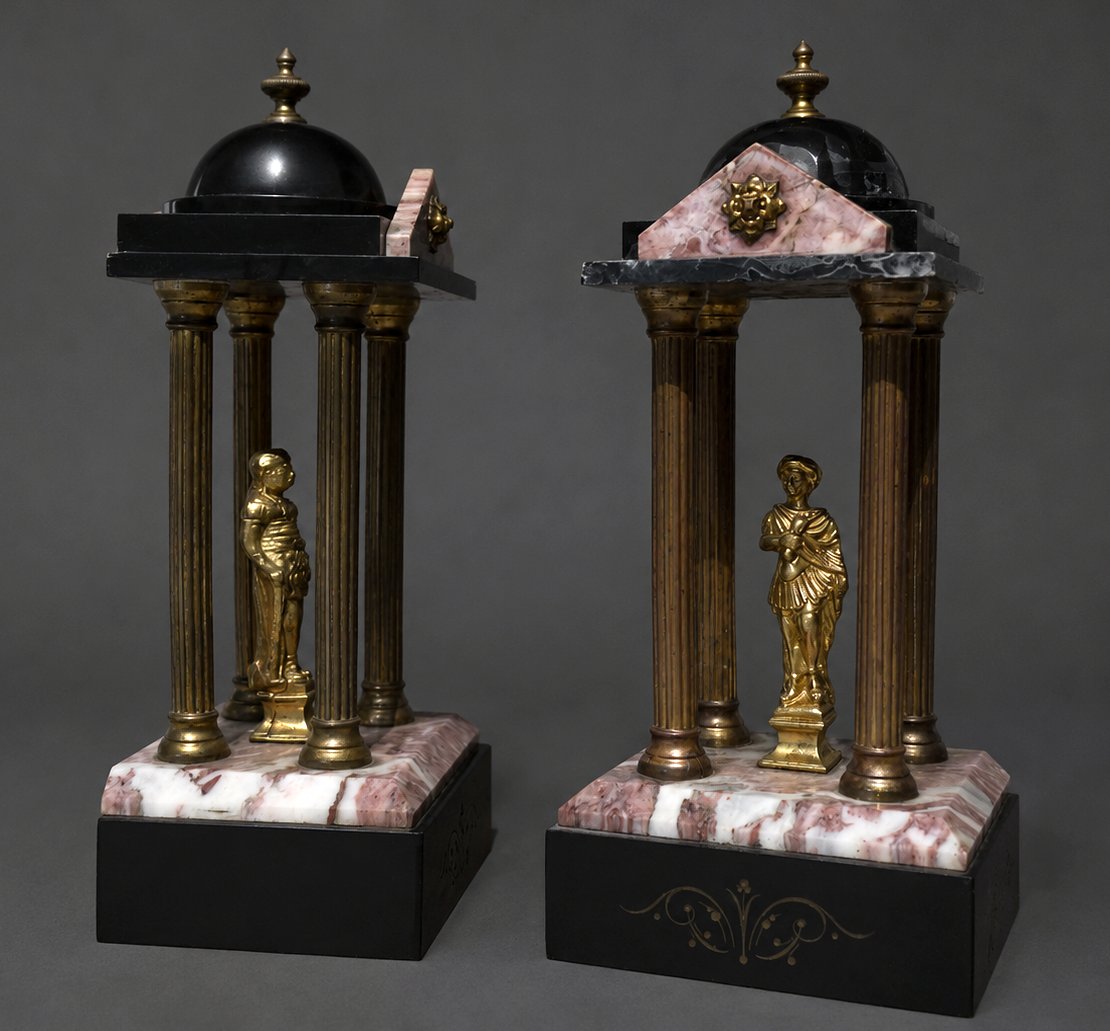 Paire De Temples Antique / Cassolettes Marble & Gilt Bronze, Cesar & Vercingetorix Grand Tour-photo-1