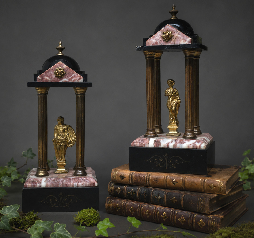 Paire De Temples Antique / Cassolettes Marble & Gilt Bronze, Cesar & Vercingetorix Grand Tour