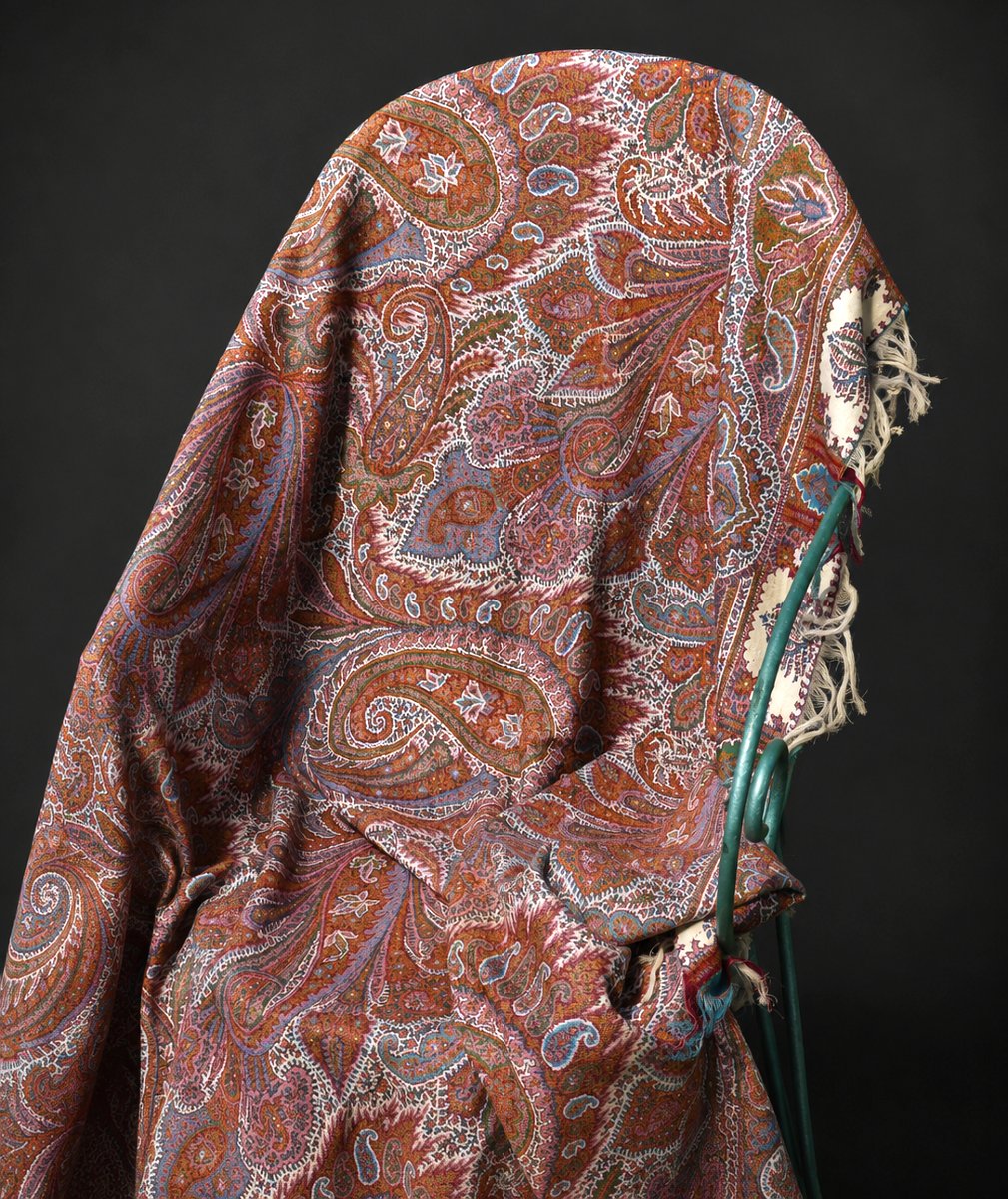 19th Century Cashmere Shawl , Napoleon III Period , Plaid , Stole , Palmettes , Pink , Blue , Ivory-photo-3
