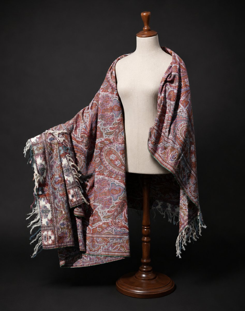 19th Century Cashmere Shawl , Napoleon III Period , Plaid , Stole , Palmettes , Pink , Blue , Ivory-photo-4