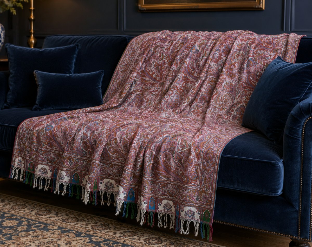 19th Century Cashmere Shawl , Napoleon III Period , Plaid , Stole , Palmettes , Pink , Blue , Ivory-photo-1