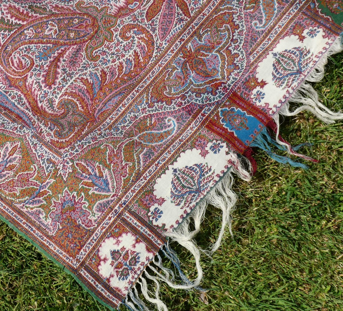 19th Century Cashmere Shawl , Napoleon III Period , Plaid , Stole , Palmettes , Pink , Blue , Ivory-photo-2