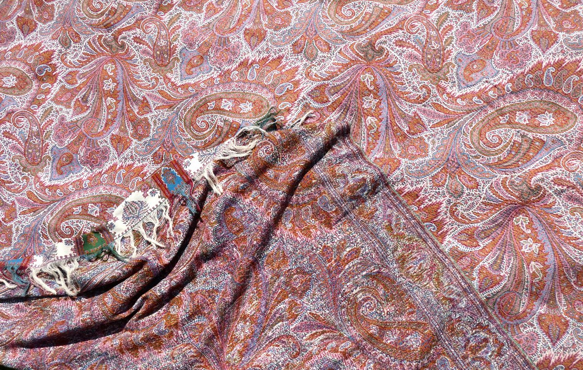 19th Century Cashmere Shawl , Napoleon III Period , Plaid , Stole , Palmettes , Pink , Blue , Ivory-photo-4