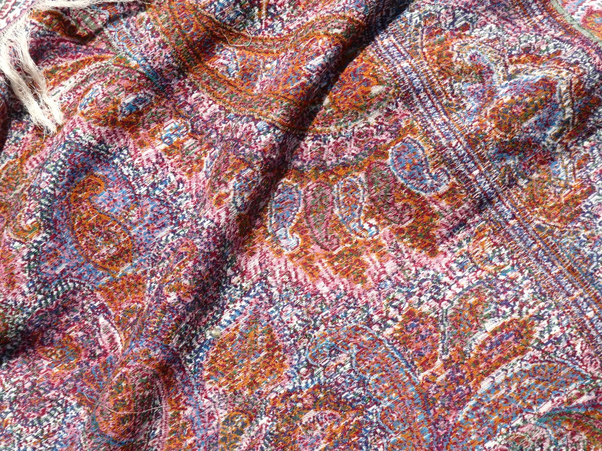 19th Century Cashmere Shawl , Napoleon III Period , Plaid , Stole , Palmettes , Pink , Blue , Ivory-photo-5
