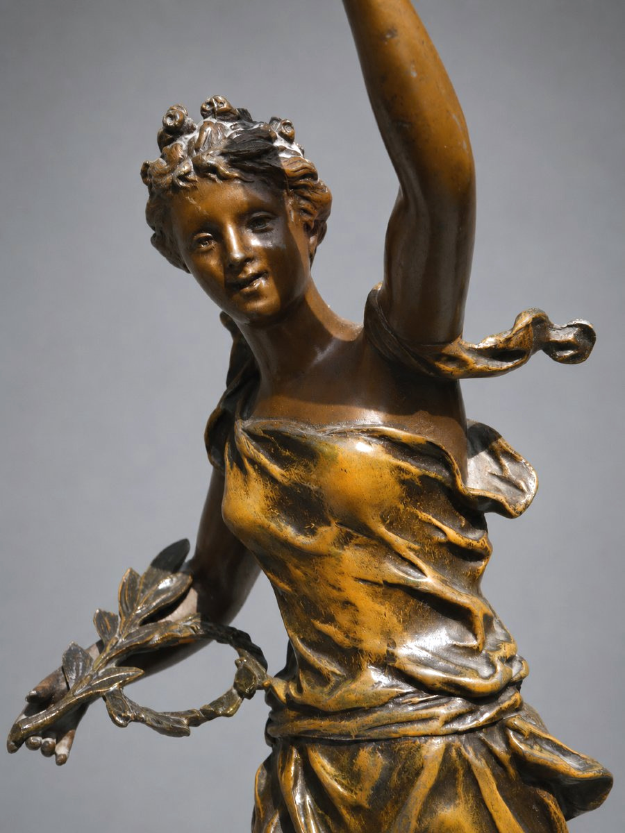 Grande Sculpture , Jeune Femme , Allégorie Du Merite ; XIXe ; Art Nouveau Regulé Patiné Bronze-photo-2
