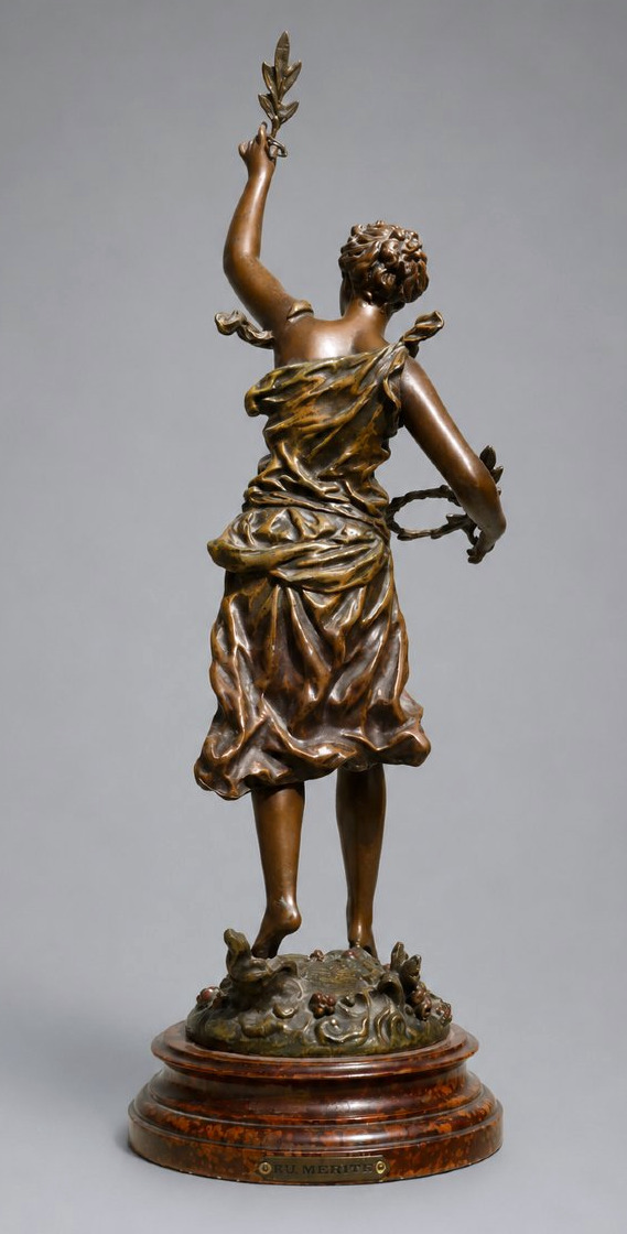 Grande Sculpture , Jeune Femme , Allégorie Du Merite ; XIXe ; Art Nouveau Regulé Patiné Bronze-photo-3