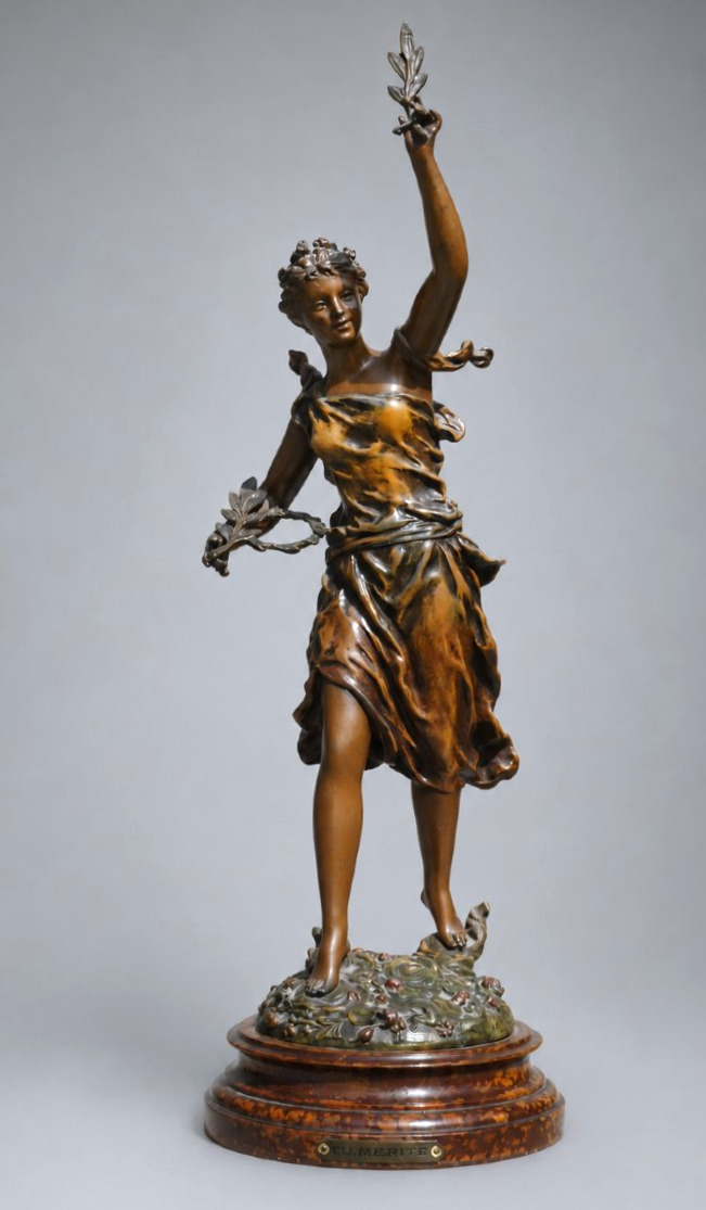 Grande Sculpture , Jeune Femme , Allégorie Du Merite ; XIXe ; Art Nouveau Regulé Patiné Bronze