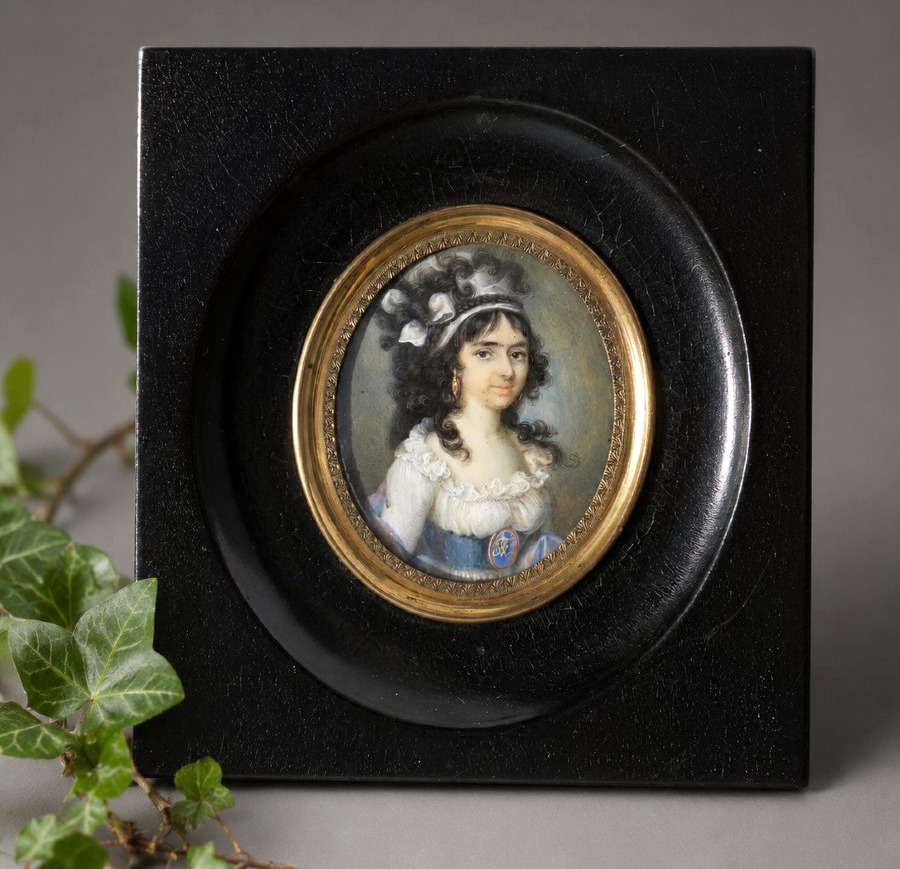 Aquarelle , Miniature Portrait D'une élégante de l'époque Directoire / Consulat XVIIIe -photo-2