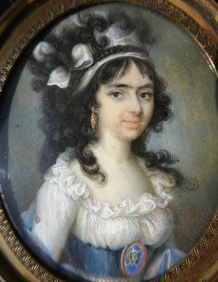 Aquarelle , Miniature Portrait D'une élégante de l'époque Directoire / Consulat XVIIIe 