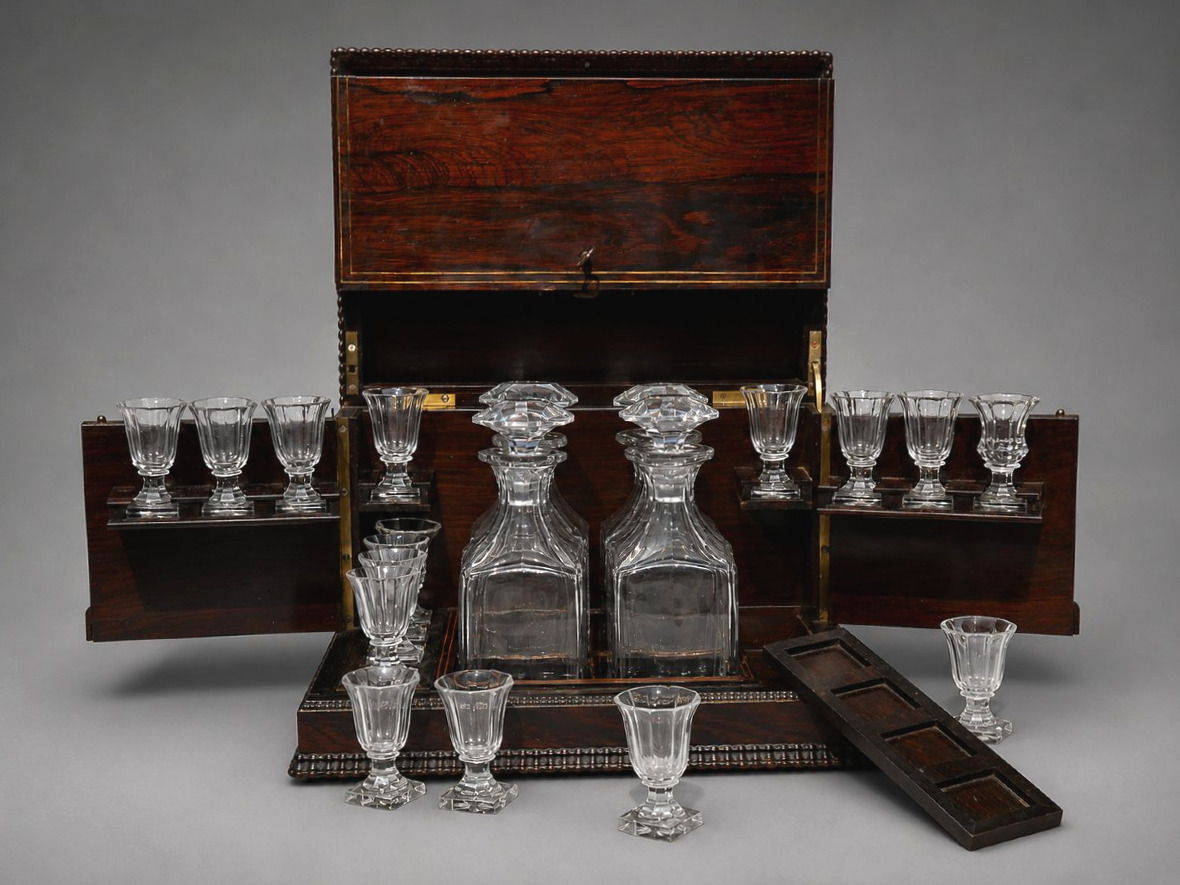 Flamed Mahogany Liqueur Cellar, Cigars - Restoration Period, 19th Century , Casket , Baccarat-photo-2