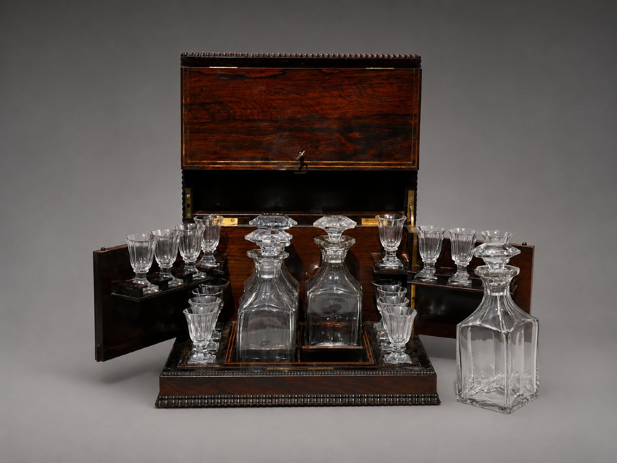 Flamed Mahogany Liqueur Cellar, Cigars - Restoration Period, 19th Century , Casket , Baccarat-photo-3