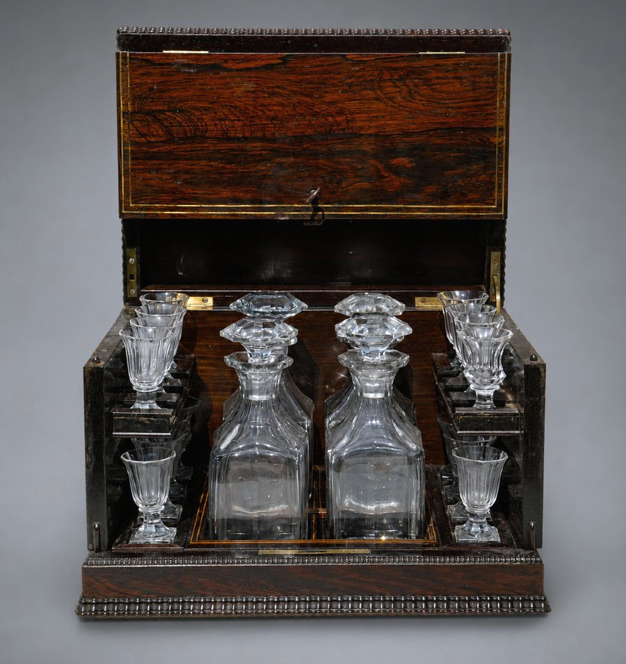 Flamed Mahogany Liqueur Cellar, Cigars - Restoration Period, 19th Century , Casket , Baccarat-photo-5