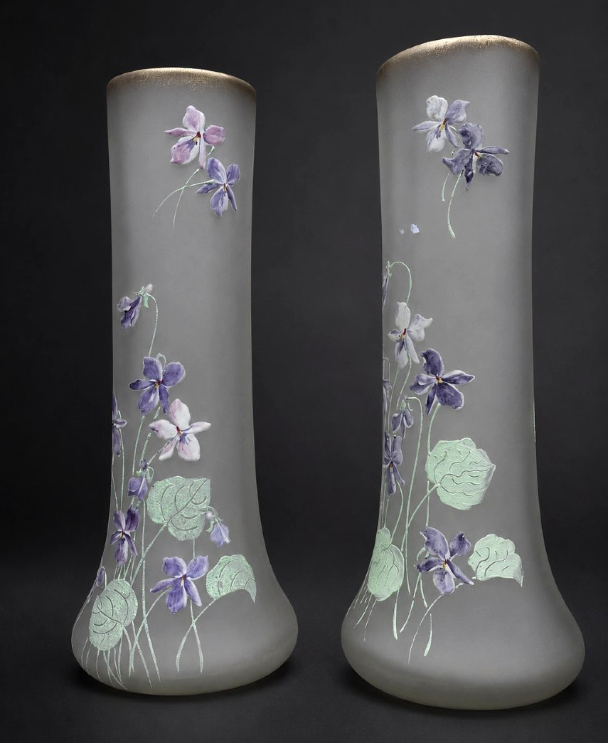 Pair De Vases En Verre Enamelled , Decor De Violettes , Theodore Legras , Givré XIXe Art Nouveau-photo-2