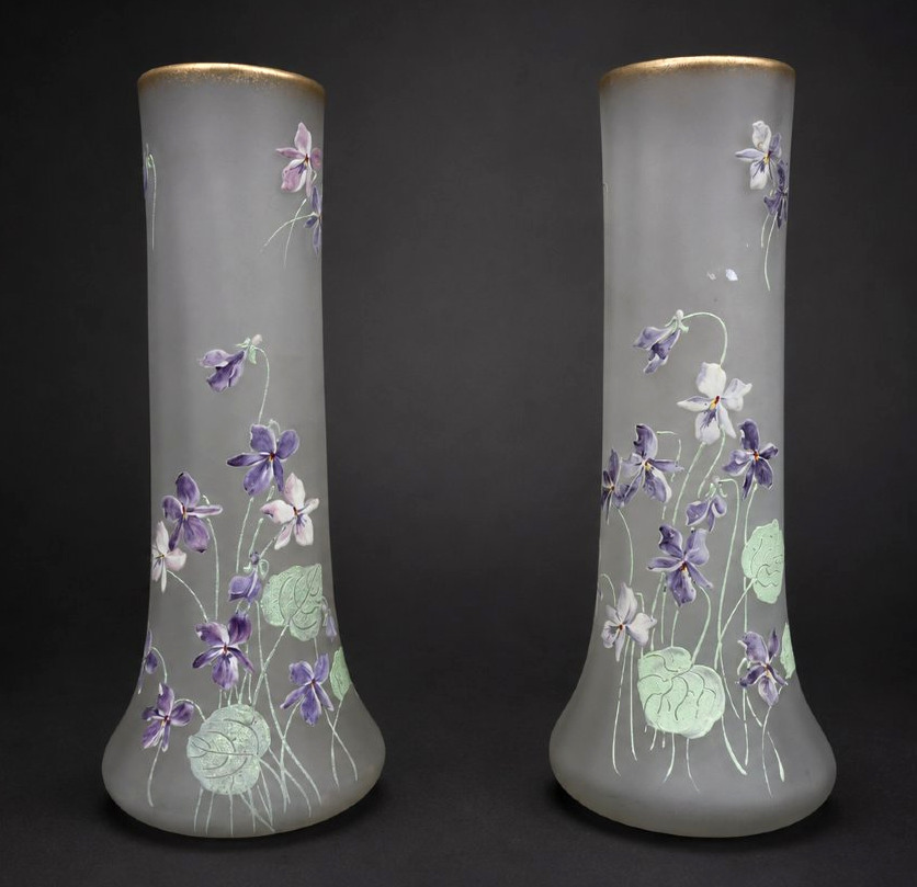 Pair De Vases En Verre Enamelled , Decor De Violettes , Theodore Legras , Givré XIXe Art Nouveau-photo-3