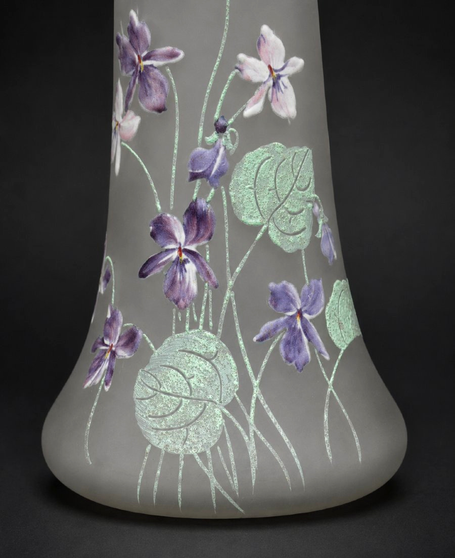 Pair De Vases En Verre Enamelled , Decor De Violettes , Theodore Legras , Givré XIXe Art Nouveau-photo-4