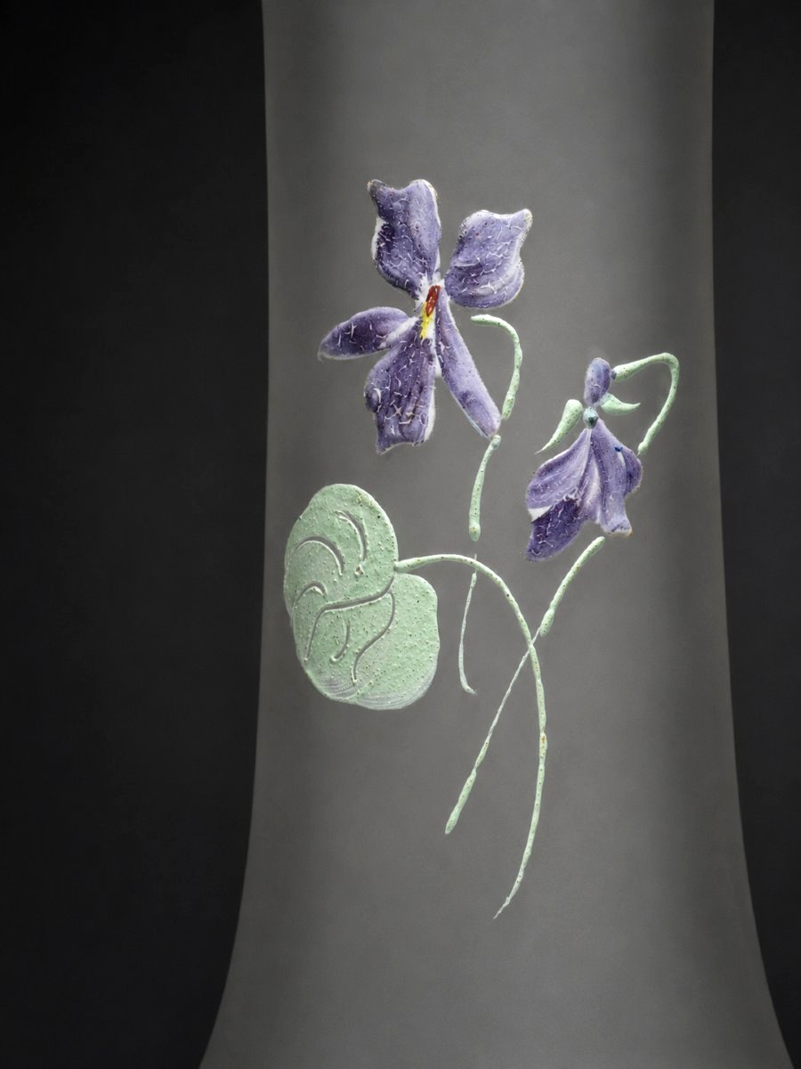 Pair De Vases En Verre Enamelled , Decor De Violettes , Theodore Legras , Givré XIXe Art Nouveau-photo-1