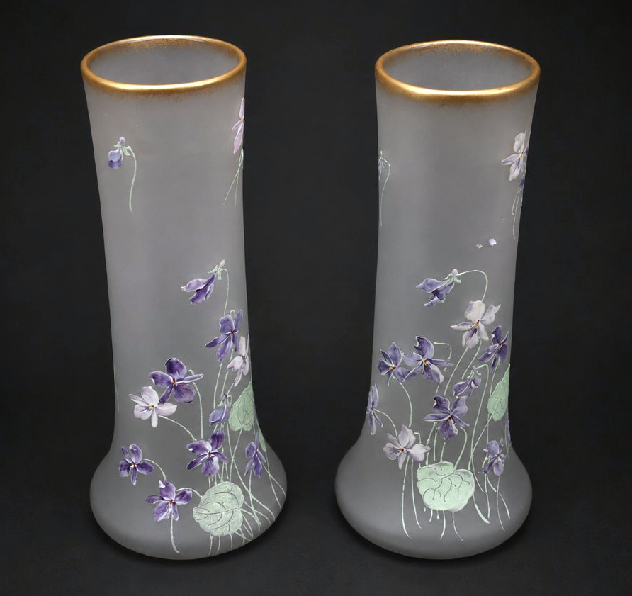 Pair De Vases En Verre Enamelled , Decor De Violettes , Theodore Legras , Givré XIXe Art Nouveau-photo-2
