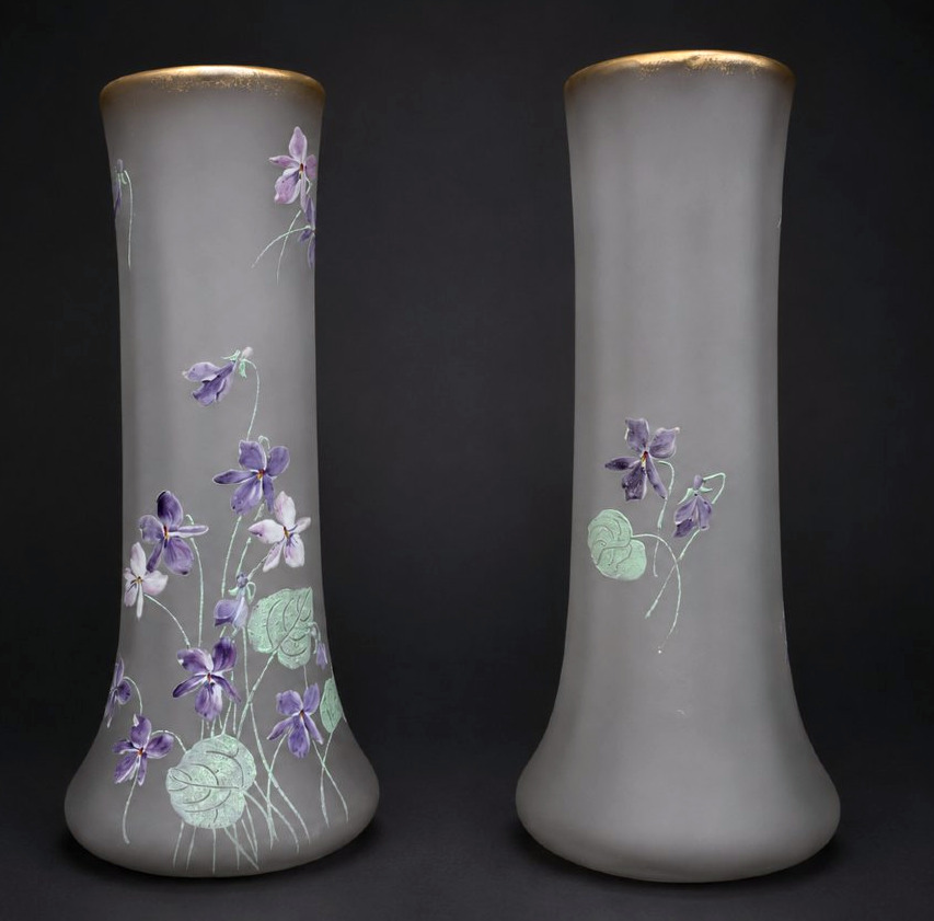 Pair De Vases En Verre Enamelled , Decor De Violettes , Theodore Legras , Givré XIXe Art Nouveau-photo-3